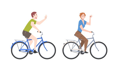 Smiling Man and Woman Riding Bicycle Enjoying Vacation or Weekend Activity Vector Illustration Set