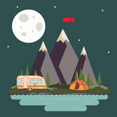 Obraz premium Mountains with red flag and camping tent