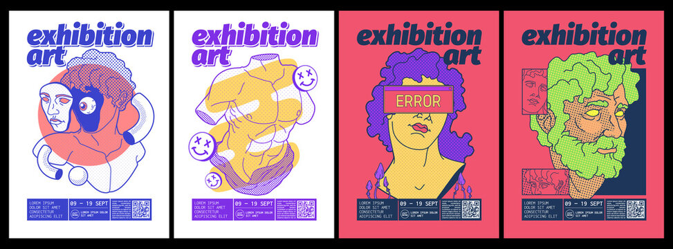 Art exhibition posters with trendy psychedelic design with greek sculpture with halftone. Vector invitation flyers to gallery of contemporary art with creative collages