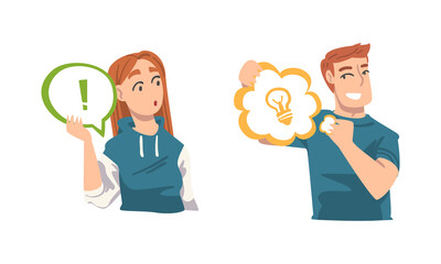 Young Man and Woman Holding Speech Chat Bubble in Her Hands Vector Set