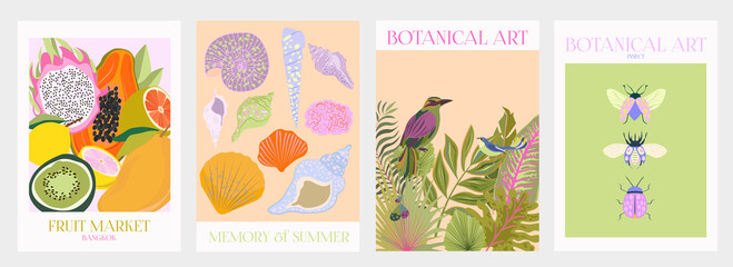 Collection of interior modern posters with summer scene. Editable Vector Illustration.