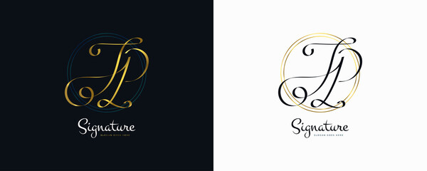 JP Initial Signature Logo Design with Elegant and Minimalist Gold Handwriting Style. Initial J and P Logo Design for Wedding, Fashion, Jewelry, Boutique and Business Brand Identity