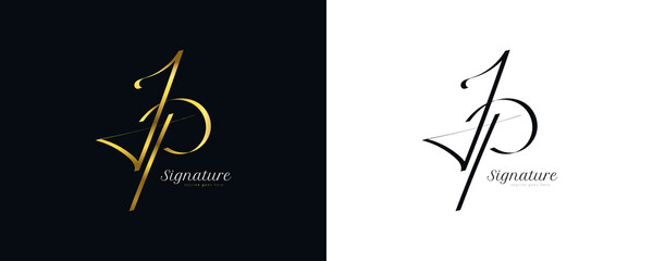 JP Initial Signature Logo Design with Elegant and Minimalist Gold Handwriting Style. Initial J and P Logo Design for Wedding, Fashion, Jewelry, Boutique and Business Brand Identity