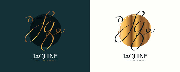 JQ Initial Signature Logo Design with Elegant and Minimalist Gold Handwriting Style. Initial J and Q Logo Design for Wedding, Fashion, Jewelry, Boutique and Business Brand Identity