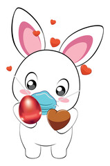 White Bunny in mask with Easter eggs