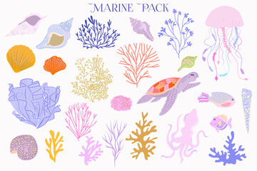 Collection of sea life, seaweed, sea shells, corals and animals. Editable Vector illustration. © miobuono