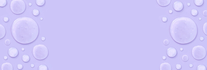 banner round drops of transparent gel serum on pastel background with place for text
