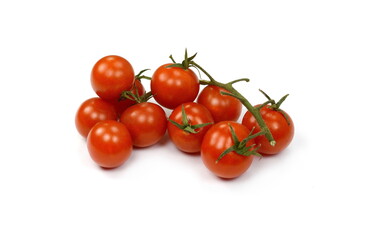 Bunch of fresh, red tomatoes with green stems isolated on white background. Clipping path.