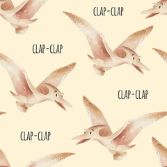 Watercolor seamless pattern with cartoon pterodactil.