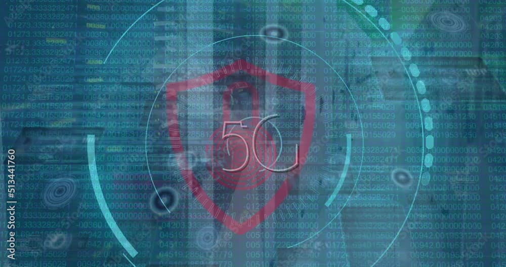 Poster animation of data processing, padlock icon and scope scanning with 5g text over server room