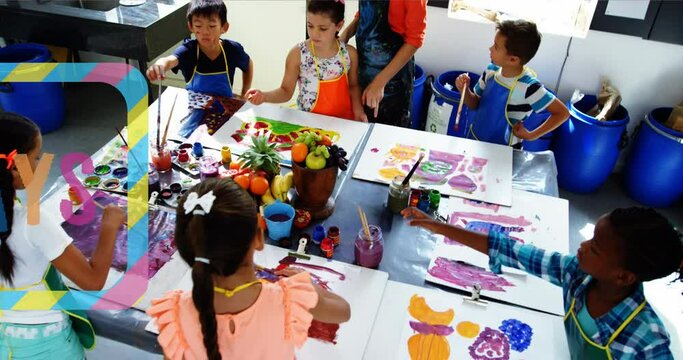 Animation of school days text over diverse schoolchildren