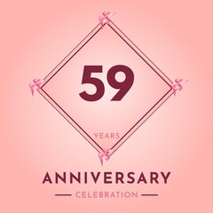 59 years anniversary celebration with purple frame isolated on soft pink background. Creative design for happy birthday, wedding, ceremony, event party, marriage, invitation card and greeting card.