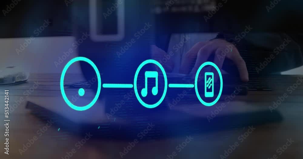 Poster animation of network of connections with icons over caucasian businessman using computer
