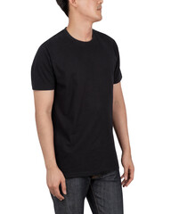 Obraz premium Young man in black T shirt mockup isolated on white background with clipping path.