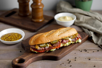 Tasty sandwich with pastrami and mustard on a great background 