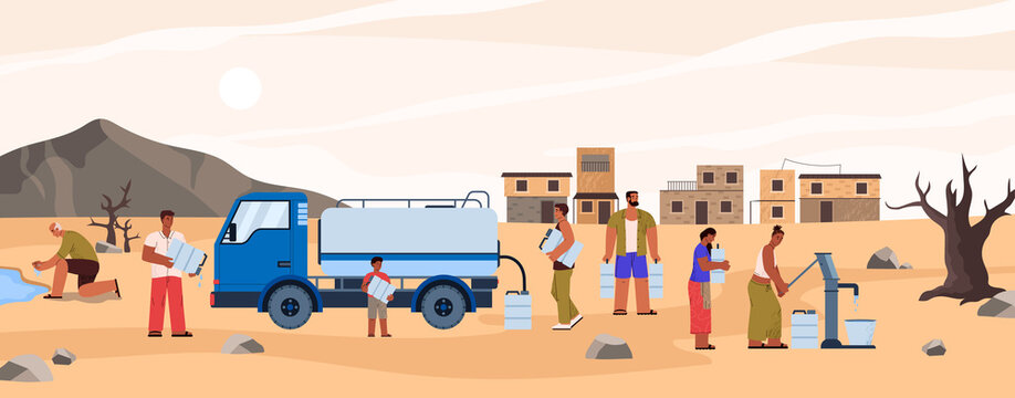 People suffer from water scarcity in drylands of Africa, flat vector illustration.