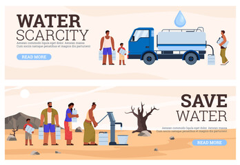 Water scarcity web banners set, people in queue waiting for drinking water, flat vector illustration.