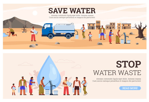 Water waste and scarcity posters set, flat vector illustration.