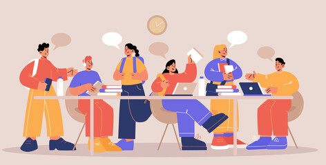 Students with books and laptops study at desk. School, college or university pupils girls and boys teenagers communicate, chat, prepare for exams. Classmates studying Line art flat vector illustration