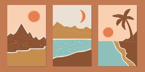 Mountain and sea wall art vector set. Terracotta tones landscapes, modern wallpaper. Middle East backgrounds collection with sky, sand, palm, moon or sun. Vector illustration, posters