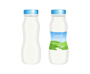 Greek yogurt, kefir, milk or milkshake, plastic bottles, clear and with farm view label, cartoon style vector illustration isolated on white background