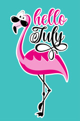 Hello July - funny flamingo in sunglasses on turquoise background.
