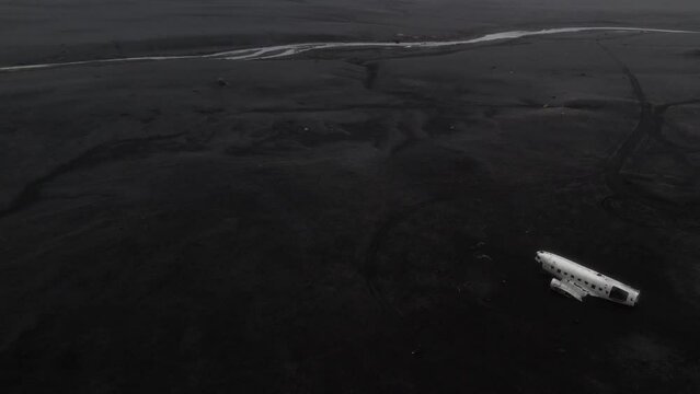 4k Aerial view of DC-3 plane wreck, crash on Solheimasandur in Iceland