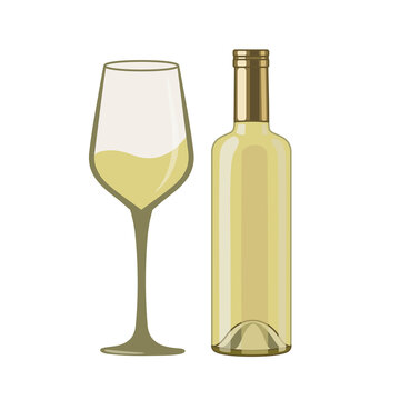 White wine bottle and wineglass, flat style vector illustration isolated on white background