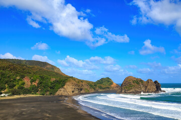 The beach at Piha, New Zealand, with Taitomo Island and Nun Rock just offshore