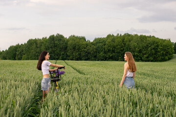 Naklejka premium Two pretty girls are standing with a bouquet of lupines in a wheat field next to a bicycle