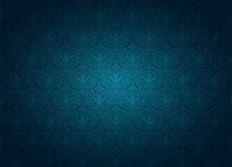 Royal, vintage, Gothic horizontal background in dark cyan, blue with a classic antique ornament, Rococo. Vector illustration