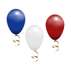 Balloons in blue, white, red colour with gold ribbons. Isolated on white background, mockup template object. Realistic 3D vector illustration.