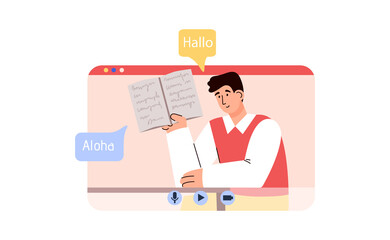 Student studying in language online class flat vector illustration isolated.