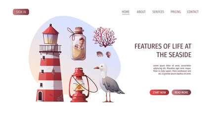 Sand bottle, corals, seagull, seashells, lighthouse. Maritime, sea coast, marine life, nautical concept. Vector illustration. Website, banner template.