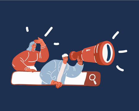 Cartoon vector illustration of ?areer or job search, new job search through website. browser search bar. Search for employees new vacancies. Opportunity for job through spyglass