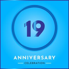 19 years anniversary celebration with circle frame isolated on sky blue background. Creative design for happy birthday, wedding, ceremony, event party, marriage, invitation card and greeting card.