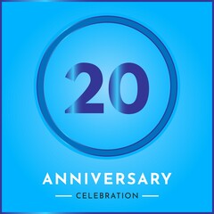 20 years anniversary celebration with circle frame isolated on sky blue background. Creative design for happy birthday, wedding, ceremony, event party, marriage, invitation card and greeting card.