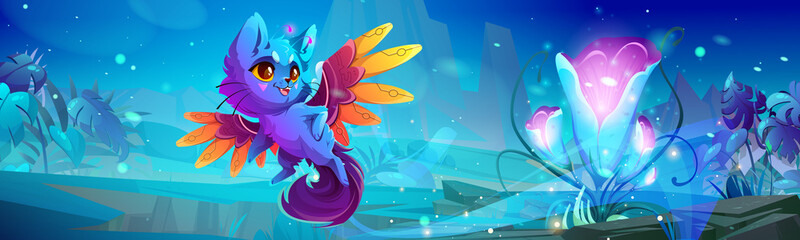 Cute monster cat on alien or fantasy planet landscape. Cartoon funny fluffy character with fairy wings and antennas. Strange animal, odd kitten Halloween creature with big eyes, Vector illustration