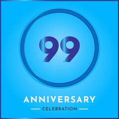 99 years anniversary celebration with circle frame isolated on sky blue background. Creative design for happy birthday, wedding, ceremony, event party, marriage, invitation card and greeting card.