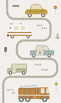 Hand drawn kids city cars. Cartoon fire truck, ambulance, police car, bus, taxi. Vector set cute vehicles textiles, wallpapers, postcards. Wall art nursery.  simple posters. Baby retro print