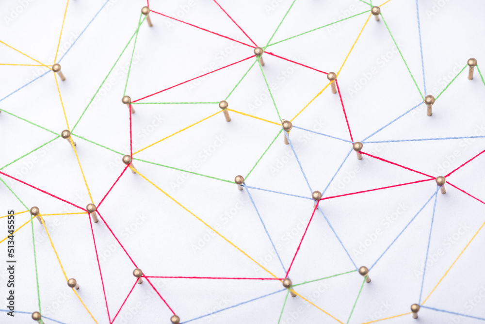 Aufkleber abstract web line connection of color yarn from nail node to node on white background , networking concept