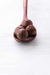 brown wooden spoon with macadamia nuts on white background for catalog