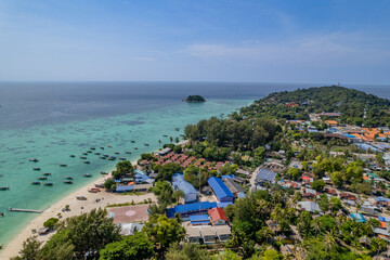 Aerial photograph of the sea at Koh Lipe, Thailand with a drone.
