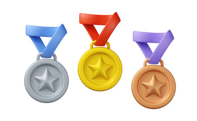 3d star medal icon set. Gold, silver and bronze sport award for winner. Vector prize badge render illustration isolated on a white background