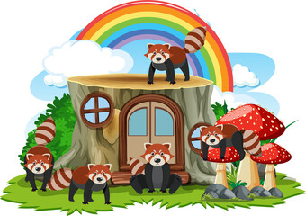 Red panda group with stump house