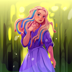 Obraz na płótnie Canvas Cartoon beautiful girl with dreadlocks wear long violet dress. Young woman, attractive female character avatar, portrait, book or game personage on abstract green background, Vector illustration
