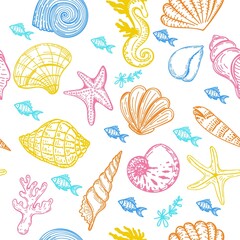 Seamless background with sea creatures, hand-drawn in sketch style. Shells, seaweed and small fish. Ocean. Sea bottom on white background. Pastel palette. Summer sea background.
