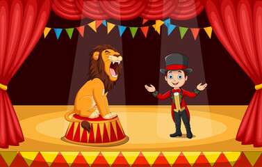 Cartoon circus tamer with lion on stage