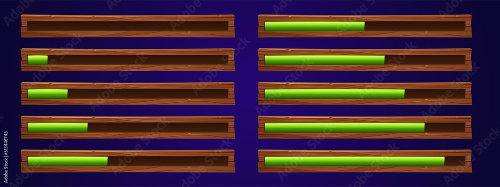 Poster game ui loading progress bars vector set, cartoon interface gui design elements. status and resource