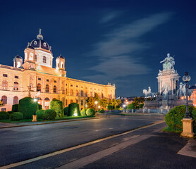 Illuminated night scene of Maria Theresa Square with famous Naturhistorisches Museum (Natural History Museum) and monument to empress Maria Theresa, Vienna, Austria, Europe.